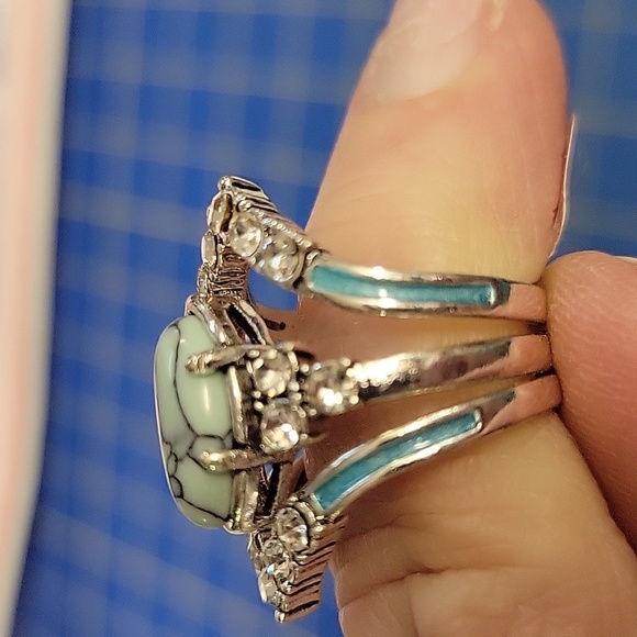 Turquoise Rhinestone 3 Piece Silver Tone Ring Set Size 6 - Picture 3 of 3